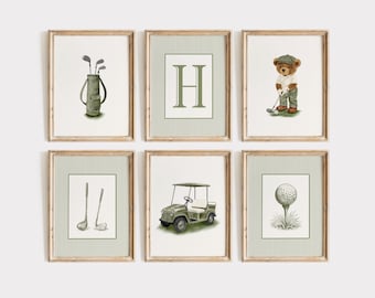 Green Teddy Bear Golf Nursery Wall Art Set - 6 Prints | Personalised Golf Decor | Boy's Nursery | Vintage Sports Theme (Unframed or Digital)