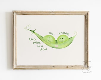Personalised Two Peas in a Pod Print, Twin Nursery Wall Art, Custom Twin Names Print, Siblings Bedroom Decor, Twin Gift(Unframed or Digital)