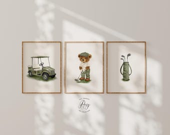 Vintage Golf Set of 3 Prints, Golf Wall Art, Boys Bedroom Prints, Green Golf Nursery Decor, Unframed or Digital