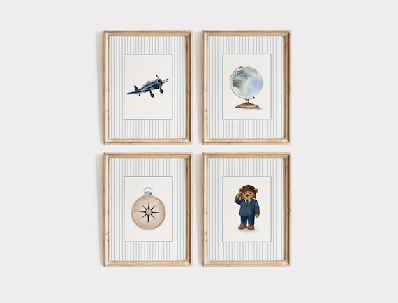Vintage Aviation Nursery Set of 4 Prints, Boy Nursery Wall Art, Boys Room Decor, Aviation Themed Nursery Decor, Unframed or Digital