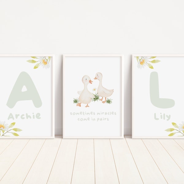 Personalised Twins Nursery Wall Art, Cute Goose Set of 3 Prints, Twin Boy and Girl Decor