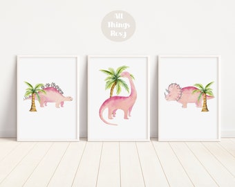 Pink Dinosaur Set of 3 Prints, Dinosaur Wall Art, Dinosaur Nursery/Bedroom Wall Decor, Stegosaurus, Diplodocus, Triceratops