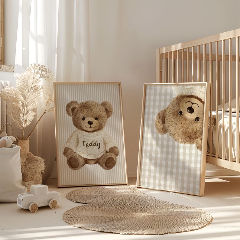 May include: Two framed prints depicting a brown teddy bear wearing a white sweater with the name "Teddy". One print shows the bear upright, the other upside down. The prints are set against a striped and checkered background, suitable for a nursery.