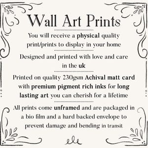K&ouml;nnte beinhalten: Cremefarbener Druck mit schwarzem Text: &bdquo;Wall Art Prints&ldquo;. Der Text beschreibt die Drucke als von physischer Qualit&auml;t, entworfen und gedruckt in Gro&szlig;britannien, auf Archiv-Mattpapier mit hochwertigen Tinten. Die Drucke sind ungerahmt.