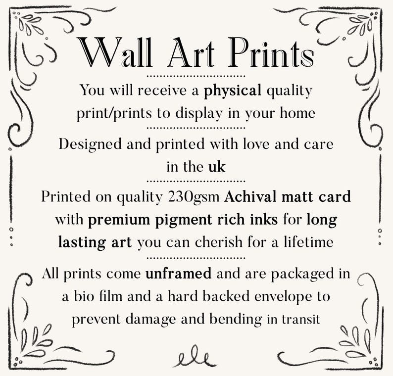 K&ouml;nnte beinhalten: Cremefarbener Druck mit schwarzem Text: &bdquo;Wall Art Prints&ldquo;. Der Text beschreibt die Drucke als von physischer Qualit&auml;t, entworfen und gedruckt in Gro&szlig;britannien, auf Archiv-Mattpapier mit hochwertigen Tinten. Die Drucke sind ungerahmt.