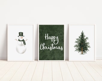 Set of 3 Christmas Prints, Green Christmas Wall Art, Festive Print, Happy Christmas Wall Decor