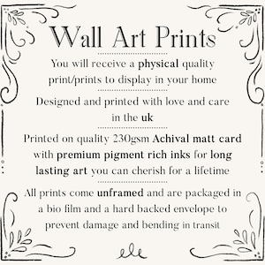Puede incluir: Impresi&oacute;n color crema con texto negro que anuncia "Wall Art Prints". El texto describe la calidad f&iacute;sica de las impresiones, el dise&ntilde;o y la impresi&oacute;n en el Reino Unido, y el uso de papel mate de archivo y tintas de primera calidad. Las impresiones no est&aacute;n enmarcadas.