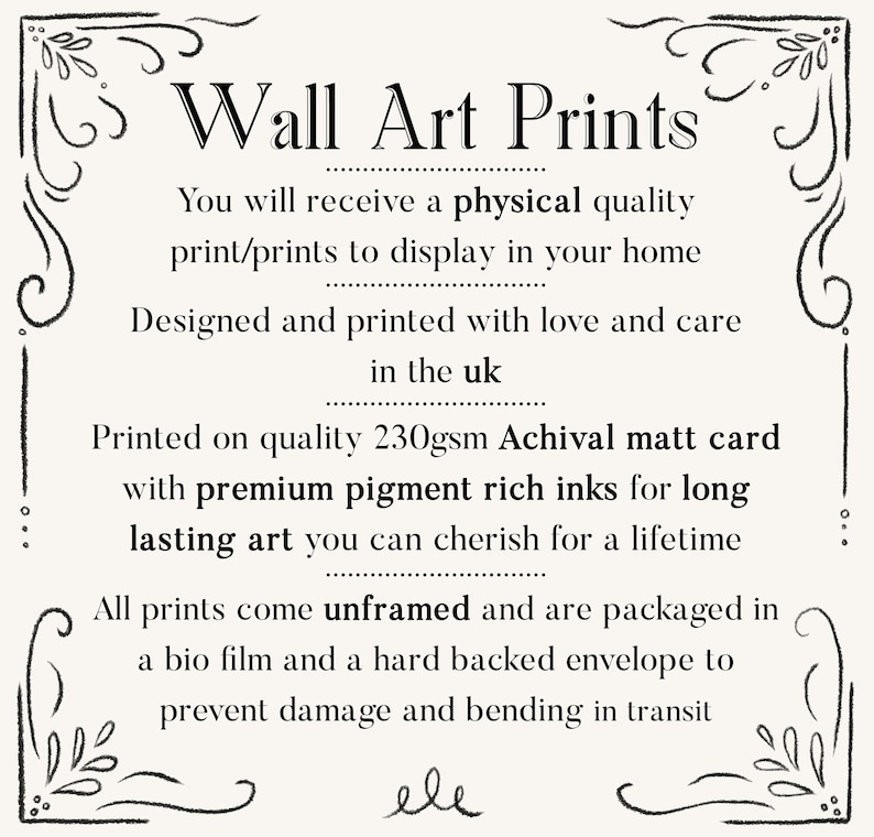Puede incluir: Impresi&oacute;n color crema con texto negro que anuncia "Wall Art Prints". El texto describe la calidad f&iacute;sica de las impresiones, el dise&ntilde;o y la impresi&oacute;n en el Reino Unido, y el uso de papel mate de archivo y tintas de primera calidad. Las impresiones no est&aacute;n enmarcadas.