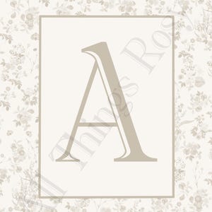 Pu&ograve; includere: Una lettera "A" beige all'interno di una cornice rettangolare, su uno sfondo floreale. Lo sfondo presenta un motivo ripetuto di fiori e fogliame beige. La lettera e la cornice sono di una tonalit&agrave; beige pi&ugrave; scura.