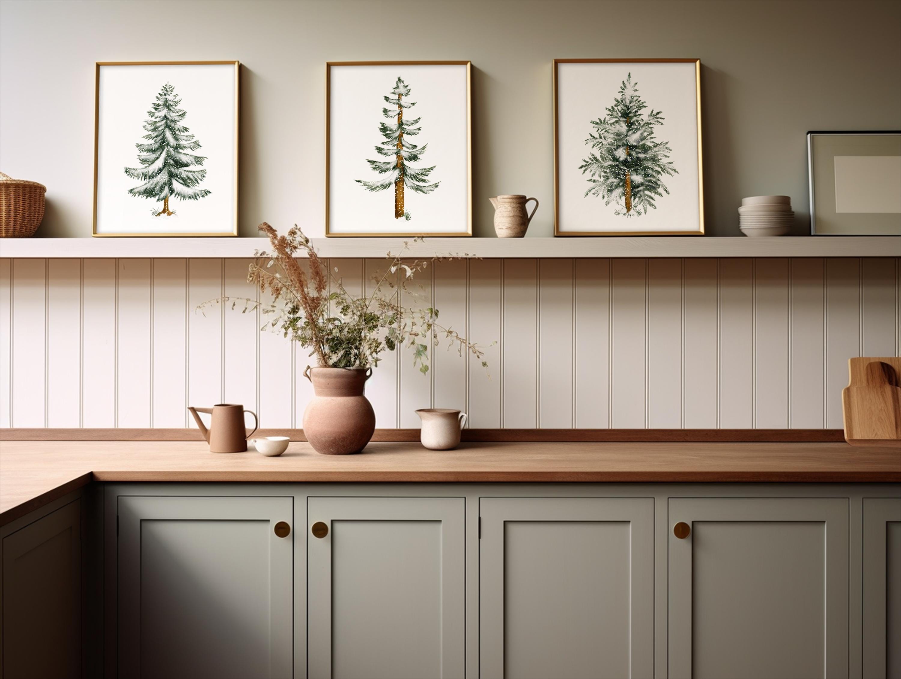 Set of 3 Snowy Winter Pine Tree Prints, Pine Tree Wall Art, Green ...