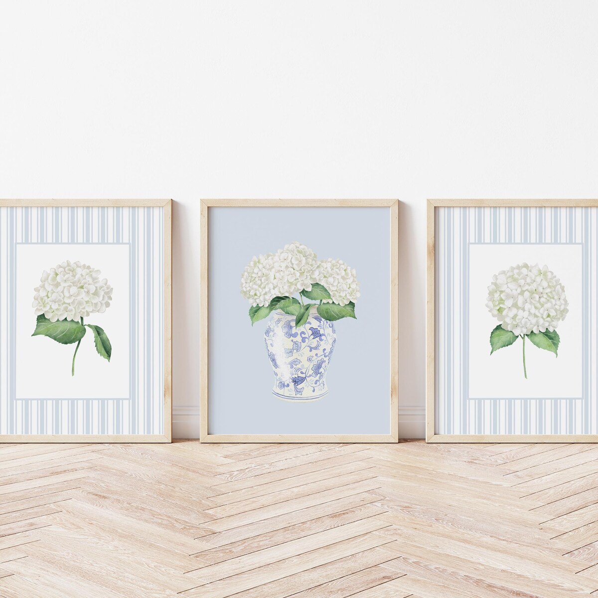 Blue Striped Hydrangea Set of 3 Prints, Botanical Wall Art, Blue Grandmillenial Home Decor, Unframed or Digital