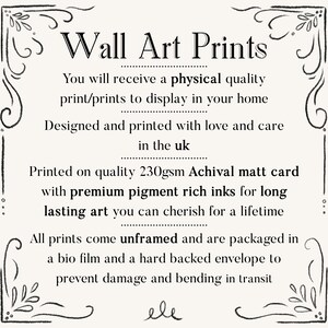 May include: A cream-coloured print with black text stating "Wall Art Prints." The text details the prints are printed on 230gsm archival matt card with premium pigment rich inks. Prints are unframed and packaged to prevent damage.