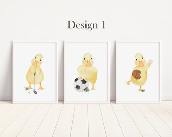 Playful Duck Prints: Children's Sporty Wall Art Set for Nurseries, Golf, Football, and Baseball Fans.