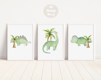 Green Dinosaur Set of 3 Prints, Dinosaur Wall Art, Dinosaur Nursery/Bedroom Wall Decor, Stegosaurus, Diplodocus, Triceratops