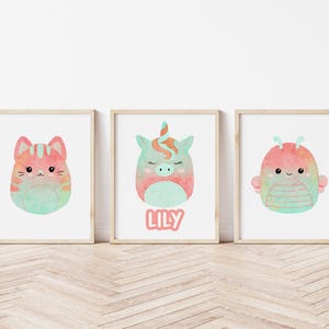 Personalised Squish Friends Set of 3 Prints, Squish Friends Wall Art, Coral Pink and Aqua Blue,  Children's Bedroom Wall Decor