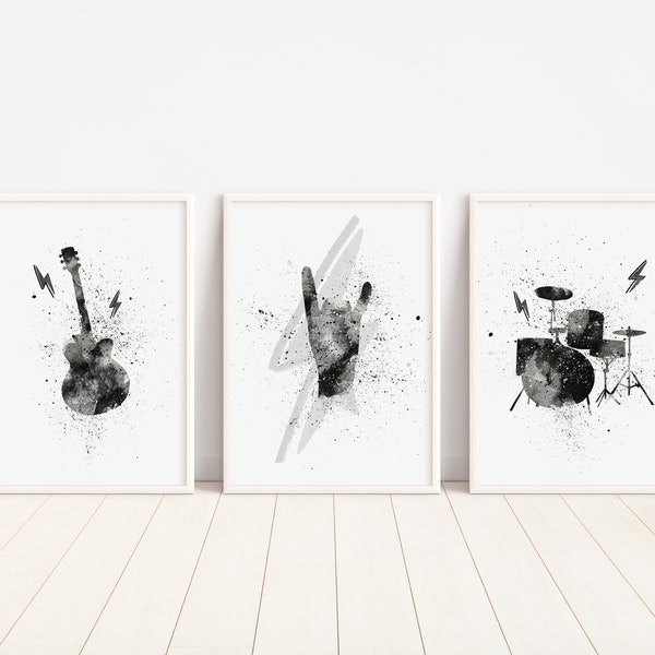 Rock Music Set Of 3 Prints, Cool Kids Wall Art, Black and White Wall Art, Drum Kit print, Guitar Print, Rock On Hand Sign Print