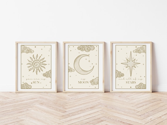 Set of 3 Celestial Prints, Celestial Wall Art, Boho Celestial