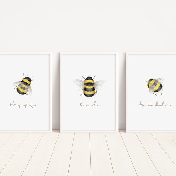 Bee Set of 3 Prints, Bumblebee Wall Art for Nursery, Bedroom and Livingroom, Bee Happy, Bee Kind, Bee Humble