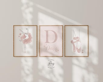 Personalised Ballerina Set of 3 Prints, Pink Ballet Nursery Wall Art, Ballet Decor, Blush Pink Girls Bedroom