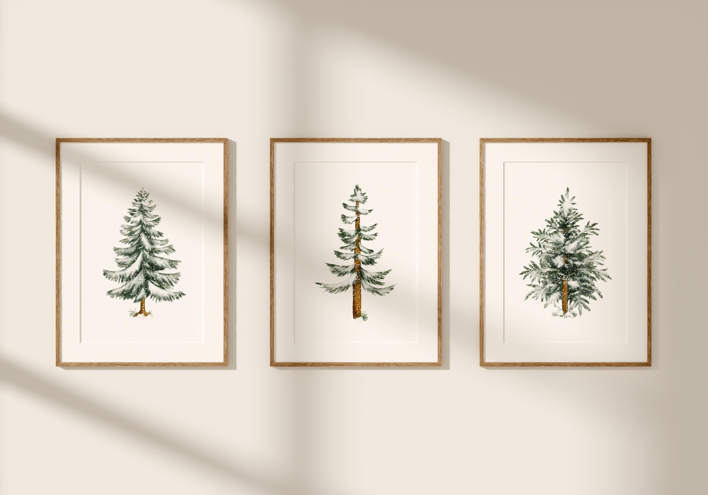 Set of 3 Snowy Winter Pine Tree Prints, Pine Tree Wall Art, Green ...