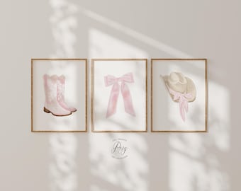 Pink Cowgirl Set of 3 Prints, Girly Western Nursery Wall Art, Pink Cowgirl Hat and Boots, Coquette Decor, Western Aesthetic