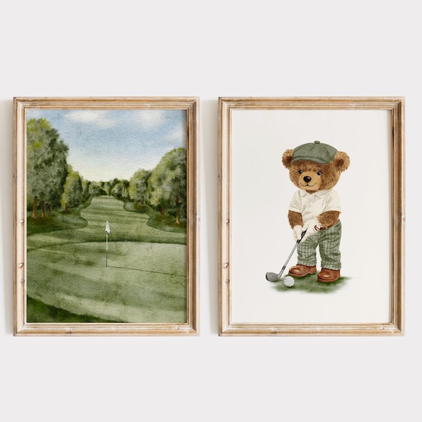 Golf Scenery and Vintage Teddy Bear Set of 2 Prints, Golf Wall Art, Green Boys Bedroom/Nursery Decor, Unframed or Digital