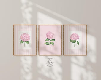 Juego de 3 láminas de hortensias rosas, arte botánico para pared, decoración Grandmillennial, láminas florales estilo cottagecore (sin marco o digitales).