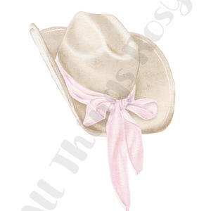 K&ouml;nnte beinhalten: Aquarell-Illustration eines beigefarbenen Cowboyhuts mit einem rosa Schal, der um den Hut gebunden ist. Der Hut hat eine breite Krempe und ein klassisches Western-Design, ideal f&uuml;r Dekoration oder Kleidung.