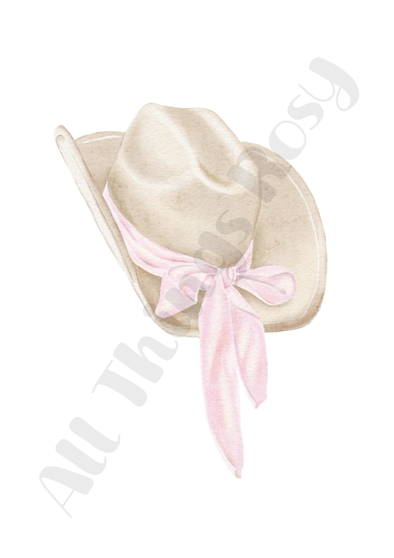 K&ouml;nnte beinhalten: Aquarell-Illustration eines beigefarbenen Cowboyhuts mit einem rosa Schal, der um den Hut gebunden ist. Der Hut hat eine breite Krempe und ein klassisches Western-Design, ideal f&uuml;r Dekoration oder Kleidung.