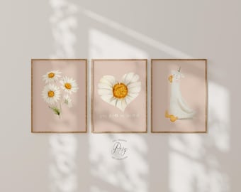 Daisy and Goose Set of 3 Prints, Wildflower Wall Art, Pink Wall Art for Girls Nursery/Bedroom, Unframed or Digital