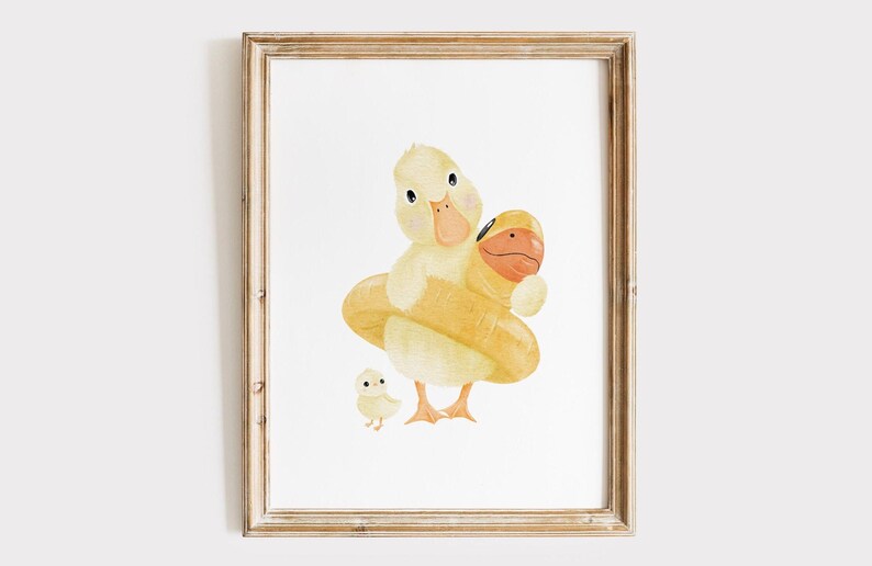 May include: Watercolor illustration of a framed print featuring a yellow duck wearing a yellow inner tube and holding a smaller duck. The artwork has a light, airy feel, perfect for a nursery or children's room.