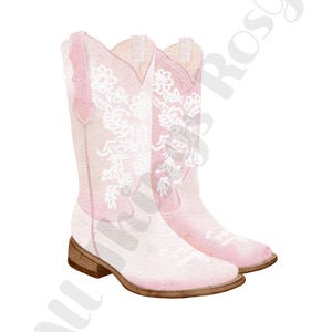 K&ouml;nnte beinhalten: Aquarell-Illustration von einem Paar rosa Cowboy-Stiefeln mit wei&szlig;er Blumenstickerei. Die Stiefel haben ein klassisches Western-Design mit spitzer Zehenpartie und einem gestapelten Absatz. Die Stiefel sind etwa 30 cm hoch.