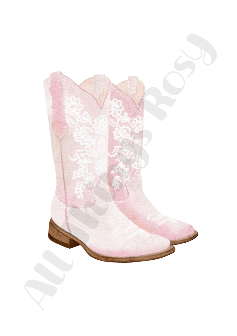 K&ouml;nnte beinhalten: Aquarell-Illustration von einem Paar rosa Cowboy-Stiefeln mit wei&szlig;er Blumenstickerei. Die Stiefel haben ein klassisches Western-Design mit spitzer Zehenpartie und einem gestapelten Absatz. Die Stiefel sind etwa 30 cm hoch.