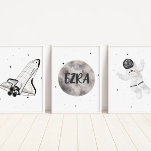 Personalised Space Prints, Set of 3 prints, Black, White and Grey Bedroom Decor, Space Nursery Decor