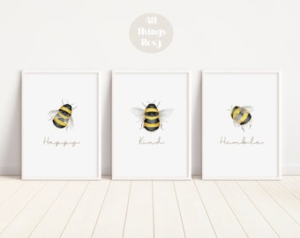 Bee Set of 3 Prints, Bumblebee Wall Art for Nursery, Bedroom and Livingroom, Bee Happy, Bee Kind, Bee Humble