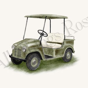 Puede incluir: Ilustraci&oacute;n en acuarela de un carrito de golf vintage en verde oliva. El carrito tiene una capota, volante y asientos color crema. Los neum&aacute;ticos son negros, sobre un fondo blanco roto.