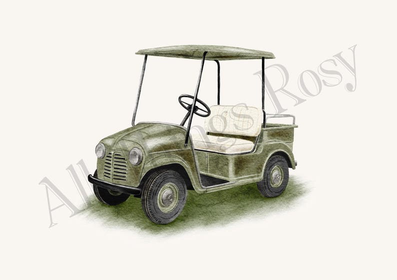 Puede incluir: Ilustraci&oacute;n en acuarela de un carrito de golf vintage en verde oliva. El carrito tiene una capota, volante y asientos color crema. Los neum&aacute;ticos son negros, sobre un fondo blanco roto.
