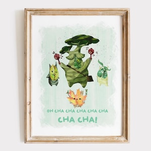 May include: A framed art print with a whimsical illustration of a tree-like character with maracas, surrounded by animated plant-like figures. The print has a light green background with the words "OH CHA CHA CHA CHA CHA CHA CHA! CHA CHA!" in green.