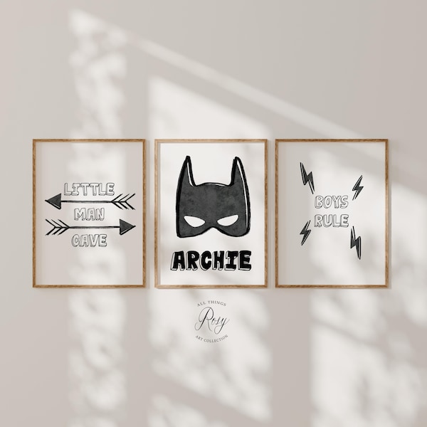 Personalised Superhero Prints, Set of 3 Prints, Boys Bedroom Wall Art, Superhero Decor