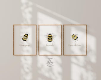 Bee Set of 3 Prints, Bumblebee Wall Art for Nursery, Bedroom and Livingroom, Bee Happy, Bee Kind, Bee Humble