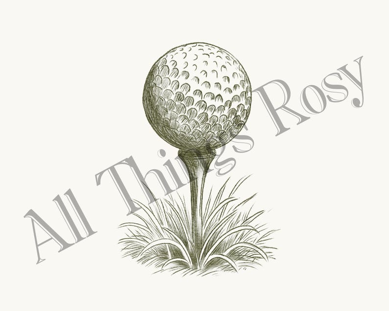 Puede incluir: Ilustraci&oacute;n en blanco y negro de una pelota de golf sobre un tee, con hierba en la base. La pelota de golf tiene hoyuelos y el tee est&aacute; centrado. El texto "All Things Rosy" es visible en el fondo, a&ntilde;adiendo un toque decorativo.