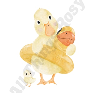 May include: Watercolor illustration of a mother duck with a duckling and a baby duck. The ducks are yellow with orange beaks and feet. The mother duck is holding a baby duck. The background is white.