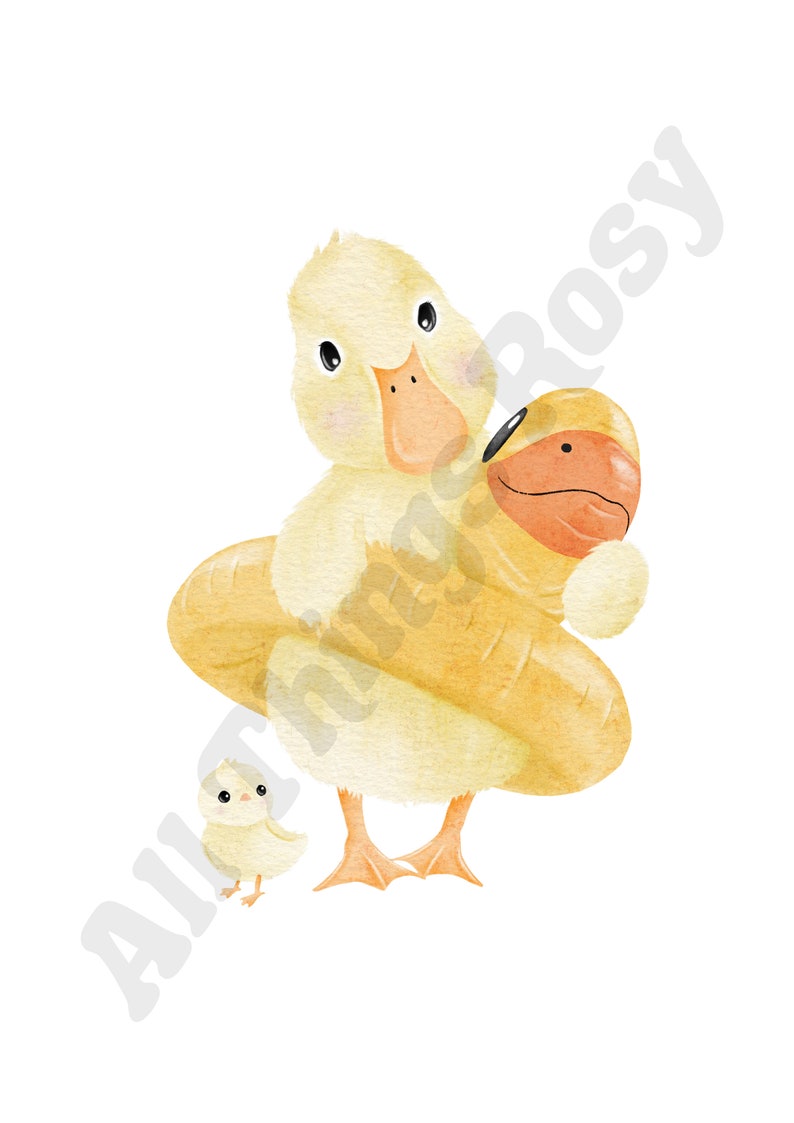 May include: Watercolor illustration of a mother duck with a duckling and a baby duck. The ducks are yellow with orange beaks and feet. The mother duck is holding a baby duck. The background is white.