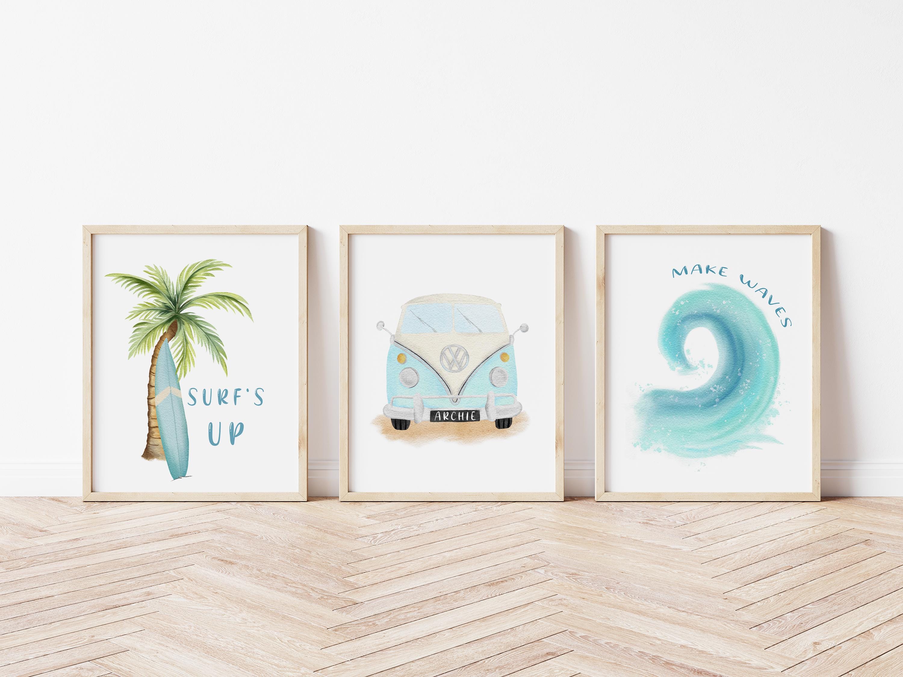 Surf's Up Nursery Prints,  Personalised Set of 3 Prints, Beach Wall Art for Kids Bedroom