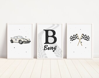 Personalised Set of 3 Prints, White Porsche Wall Art, Race Car Prints, Car Wall Decor