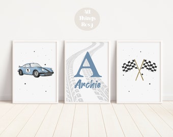 Personalised Set of 3 Prints, Blue Porsche Wall Art, Race Car Prints, Car Wall Decor