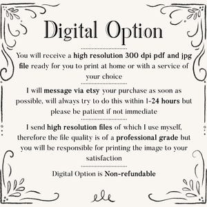 May include: A digital print announcement with the text "Digital Option" in a decorative frame. The text provides details about the high-resolution files and printing instructions. The design is in black and white.