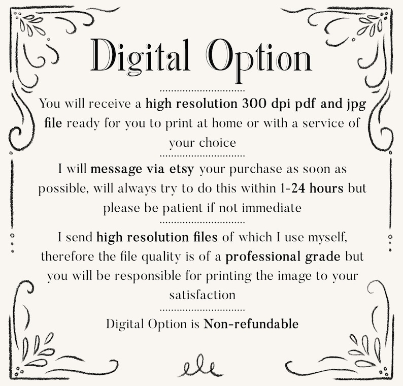 May include: A digital print announcement with the text "Digital Option" in a decorative frame. The text provides details about the high-resolution files and printing instructions. The design is in black and white.