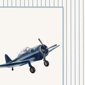 K&ouml;nnte beinhalten: Aquarell-Illustration eines blauen Vintage-Flugzeugs mit Propeller. Das Flugzeug befindet sich vor einem wei&szlig;en Hintergrund mit einem blau gestreiften Rand, was eine klassische, retro &Auml;sthetik hervorruft. Geeignet f&uuml;r Dekorationen zum Thema Luftfahrt.