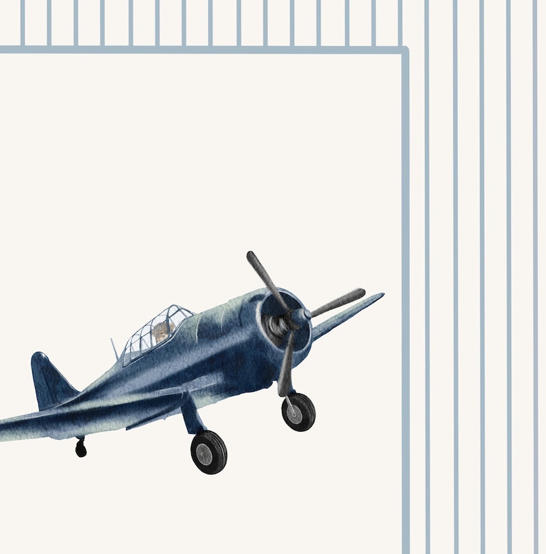 K&ouml;nnte beinhalten: Aquarell-Illustration eines blauen Vintage-Flugzeugs mit Propeller. Das Flugzeug befindet sich vor einem wei&szlig;en Hintergrund mit einem blau gestreiften Rand, was eine klassische, retro &Auml;sthetik hervorruft. Geeignet f&uuml;r Dekorationen zum Thema Luftfahrt.